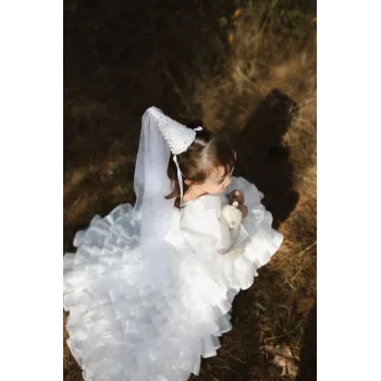 Kız Çocuk Beyaz Tak-Çıkar Kat Kat Etekli Kuyruklu Abiye Elbise