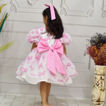Kız Çocuk Pembe Fiyonk Deseenli Kabarık Elbise Abiye Gelinlik