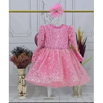 Kız Çocuk Pembe Boncuklu Payetli Kabarık Elbise