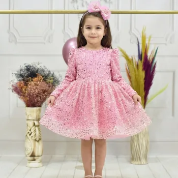 Kız Çocuk Pembe Boncuklu Payetli Kabarık Elbise