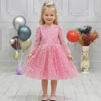 Kız Çocuk Pembe Boncuklu Payetli Kabarık Elbise