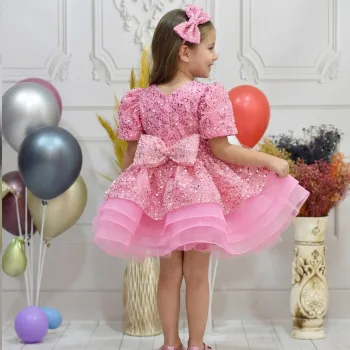 Kız Çocuk Pembe Boncuklu Payetli Kabarık Kısa Balon Kol Elbise