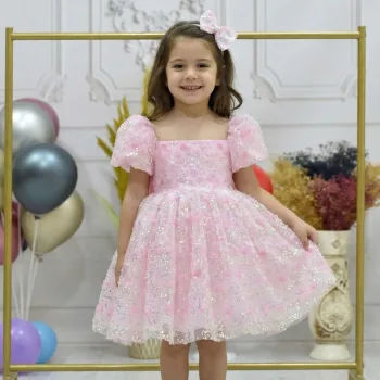 Kız Çocuk Pembe Çiçekli Boncuklu Kabarık Elbise