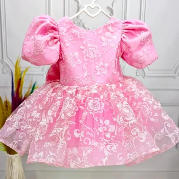 Kız Çocuk Pembe Çiçekli Parıltılı Kabarık Elbise