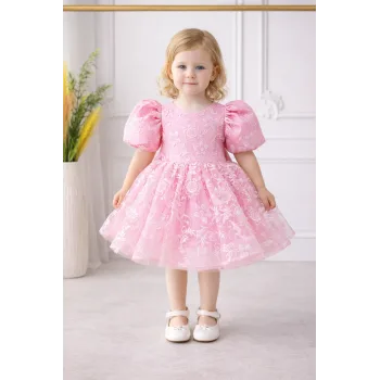 Kız Çocuk Pembe Çiçekli Parıltılı Kabarık Elbise