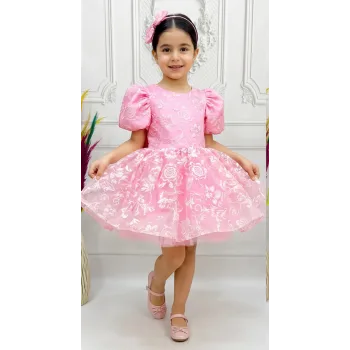 Kız Çocuk Pembe Çiçekli Parıltılı Kabarık Elbise