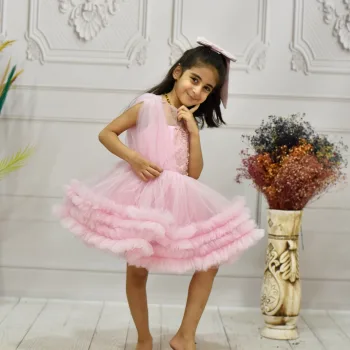 Kız Çocuk Pembe Büzgülü Kabarık Elbise Abiye Gelinlik