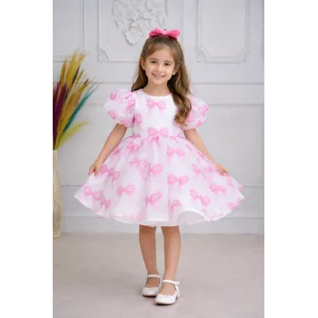 Kız Çocuk Pembe Fiyonk Deseenli Kabarık Elbise Abiye Gelinlik