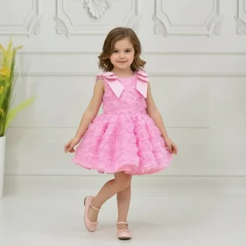 Kız Çocuk Pembe Gül 3D Kabarık Elbise Abiye Gelinlik
