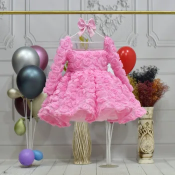 Kız Çocuk Pembe Şeffaf Gül Desenli Uzun Kol Kabarık Elbise