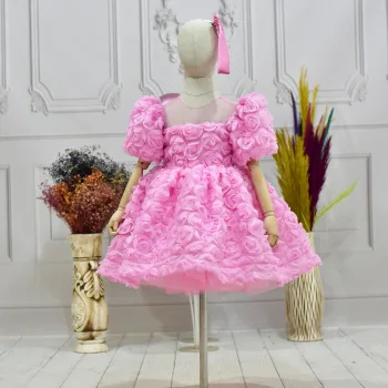 Kız Çocuk Pembe Gül Desenli Kısa Balon Kol Kabarık Elbise