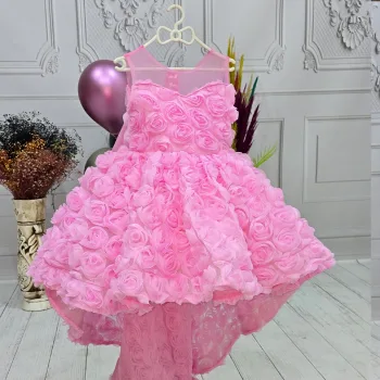 Kız Çocuk Pembe Gül Düğmeli  Desenli Kuyruklu Sıfır Kol Elbise Abiye