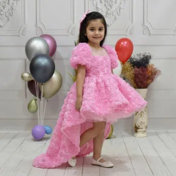 Kız Çocuk Pembe Gül Desenli Kuyruklu Kısa Kol Elbise Abiye