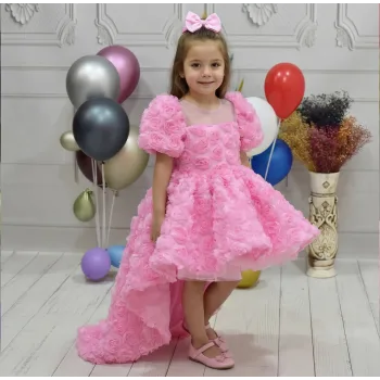 Kız Çocuk Pembe Gül Desenli Kuyruklu Kısa Kol Elbise Abiye