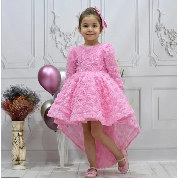 Kız Çocuk Pembe Gül Desenli Kuyruklu Uzun Kol Elbise Abiye