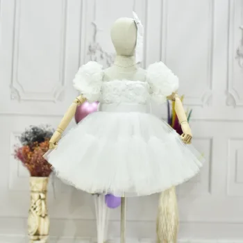 Kız Çocuk Beyaz Kabarık Gül Desenli Tül Etek şeffaf Kısa Balon Kol Elbise
