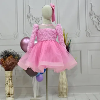 Kız Çocuk Pembe Gül Desenli Tül Etek şeffaf Uzun Kol Elbise