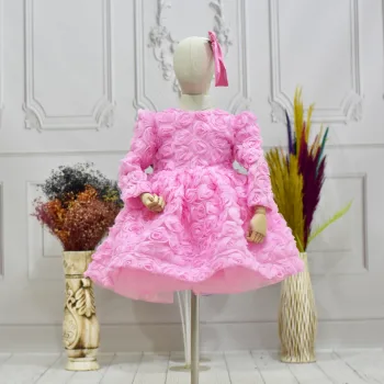 Kız Çocuk Pembe Bisiklet Yaka Gül Detaylı Kabarık Elbise