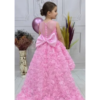 Kız Çocuk Pembe Gül Düğmeli Desenli Kuyruklu Sıfır Kol Elbise Abiye