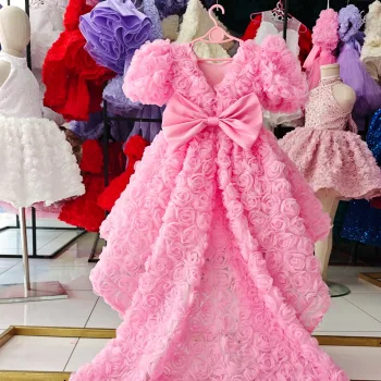 Kız Çocuk Pembe Arkası V Yaka Gül Desenli Kısa Balon Kol Elbise Abiye