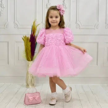 Kız Çocuk Pembe Güllü İncili Etek Detaylı Abiye Elbise