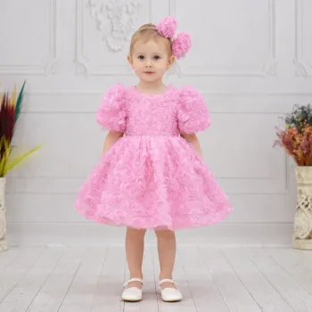 Kız Çocuk Pembe Güllü Kabarık Elbise Abiye Gelinlik
