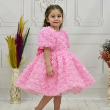 Kız Çocuk Pembe Güllü Kabarık Elbise Abiye Gelinlik