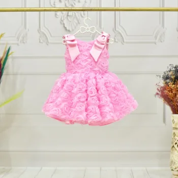 Kız Çocuk Pembe Gül 3D Kabarık Elbise Abiye Gelinlik