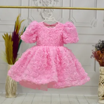 Kız Çocuk Pembe Güllü Kabarık Elbise Abiye Gelinlik