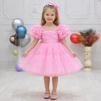 Kız Çocuk Pembe Kabarık Gül Desenli Tül Etek şeffaf Kısa Balon Kol Elbise