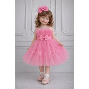 Kız Çocuk Pembe Şeffaf Üst Ön Fiyonk Detaylı Kemerli Kabarık