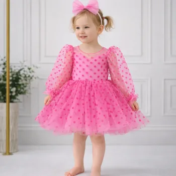 Kız Çocuk Pembe Şeffaf Üstlü Flok Tüllü Kabarık Elbise