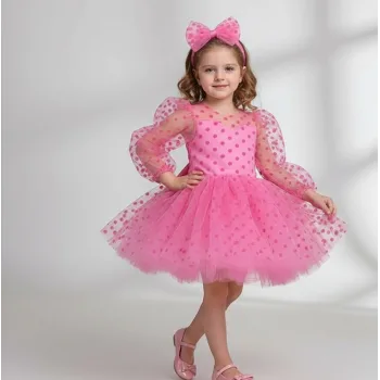 Kız Çocuk Pembe Şeffaf Üstlü Flok Tüllü Kabarık Elbise
