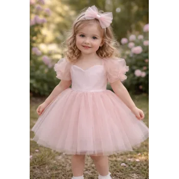 Kız Çocuk Pudra Balon Kısa Kol Kabarık Elbise