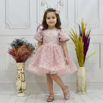 Kız Çocuk Pudra Boncuk Etekli Kabarık Elbise