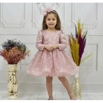 Kız Çocuk Pudra Boncuklu Payetli Kabarık Elbise Uzun Kol