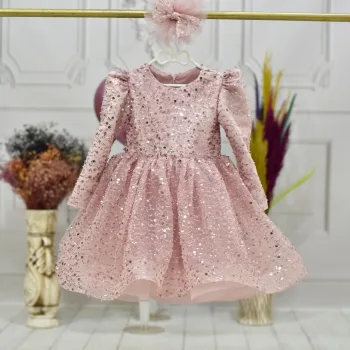 Kız Çocuk Pudra Boncuklu Payetli Kabarık Elbise Uzun Kol