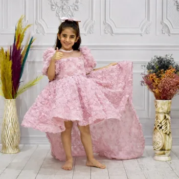 Kız Çocuk Pudra Gül 3D Boyutlu Kuyruklu Kısa Kol Elbise Abiye
