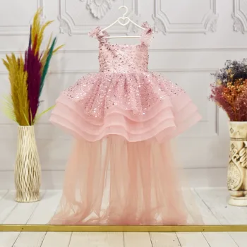 Kız Çocuk Pudra Taşlı Boncuklu Kuyruklu Kısa Kol Elbise Abiye