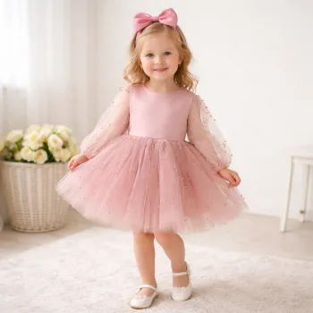 Kız Çocuk Pudra incili Uzun Kol Incili Elbise