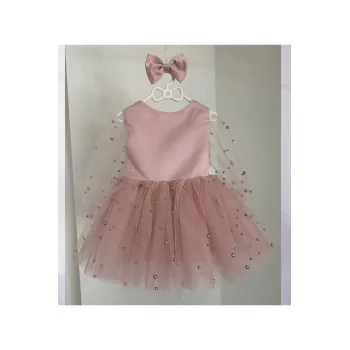Kız Çocuk Pudra Incili Uzun Kol Incili Elbise