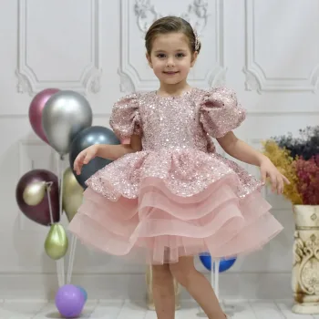 Kız Çocuk Pudra Kısa Balon Kol Taşlı Boncuklu Elbise