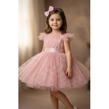 Kız Çocuk Pudra Flok Komple Alt Üst Kabarık Elbise