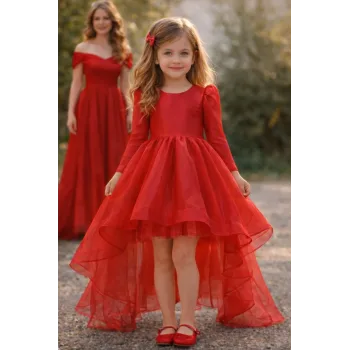 Kız Çocuk Kırmızı Organze Tüllü Kuyruklu Kabarık Elbise Abiye