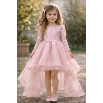 Kız Çocuk Pudra Organze Tüllü Kuyruklu Kabarık Elbise Abiye