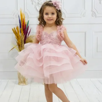 Kız Çocuk Pudra ön dantel tüy detaylı grenli Kabarık elbise