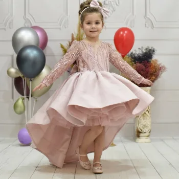 Kız Çocuk Pudra Payetli Kuyruklu Abiye Elbise