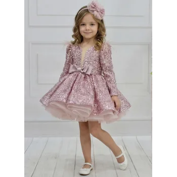 Kız Çocuk Pudra Payetli Ön Dekolteli Kol Tüy Detaylı Uzun Kol Kabarık Elbise