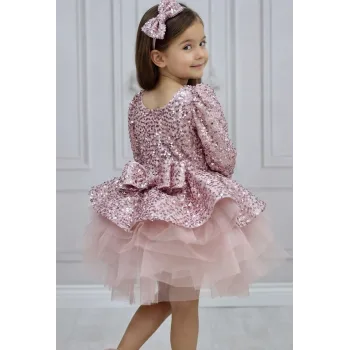 Kız Çocuk Pudra Payetli Pullu Kare Yaka Uzun Kol Kabarık Elbise