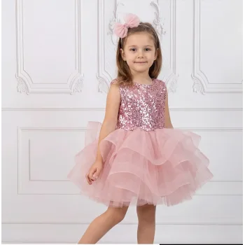 Kız Çocuk Pudra Payetli Sıfır Kol Grenli Kabarık Parıltılı Elbise